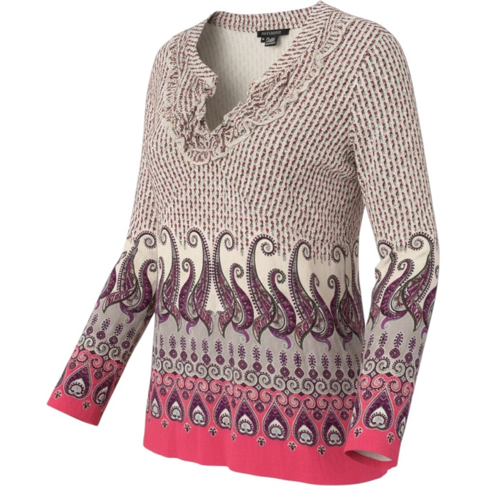 Etcetera Womens XL Pink Purple Paisley Ruffle V-Neck Long Sleeve Top Blouse